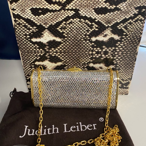 Judith Leiber Miniaudière Evening Purse Handbag Gold w Silver Rhinestones unworn - Picture 14 of 15